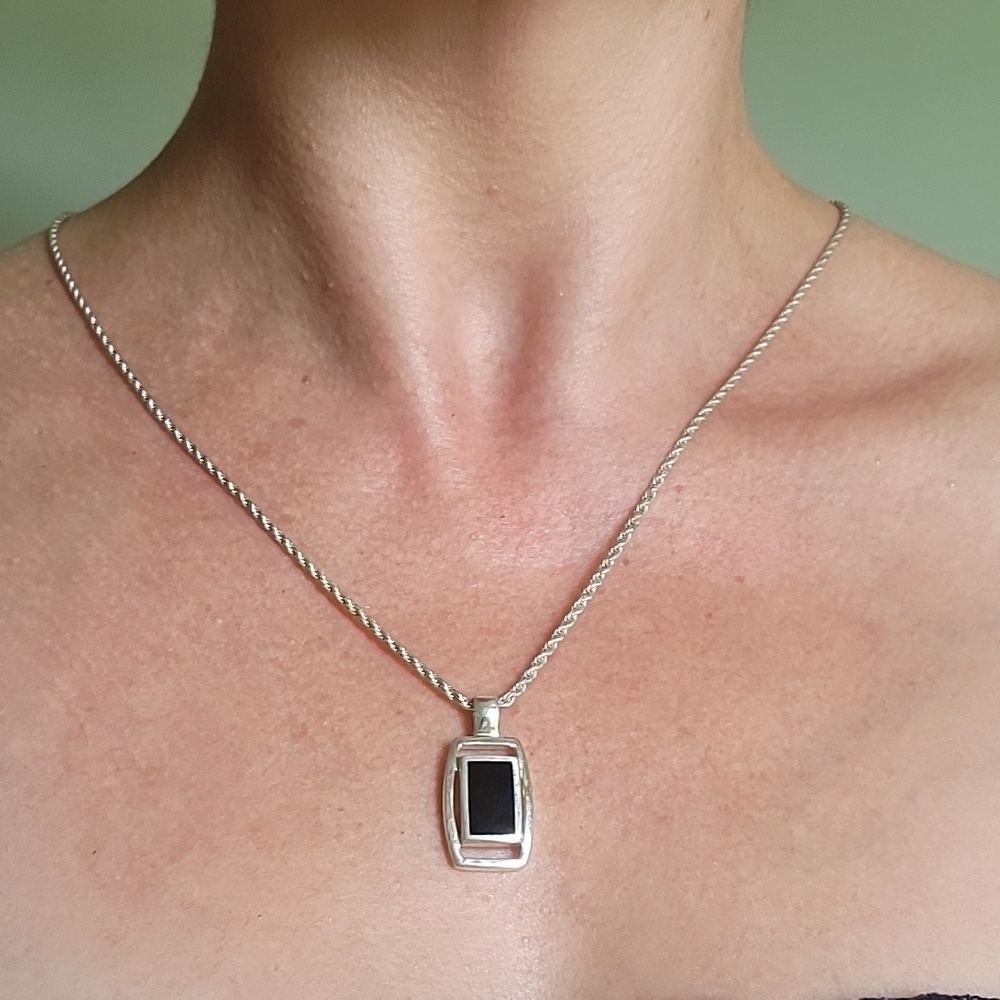 Sterling and Black Onyx Simple Geometric Style Necklace on Rope Chain